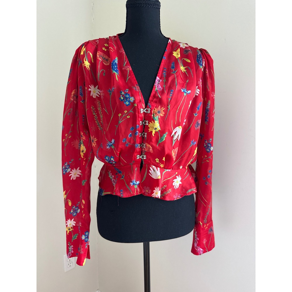 The Kooples Paris Red Floral Corset Blouse Size 1/xs/Small Peplum Silk gorgeous